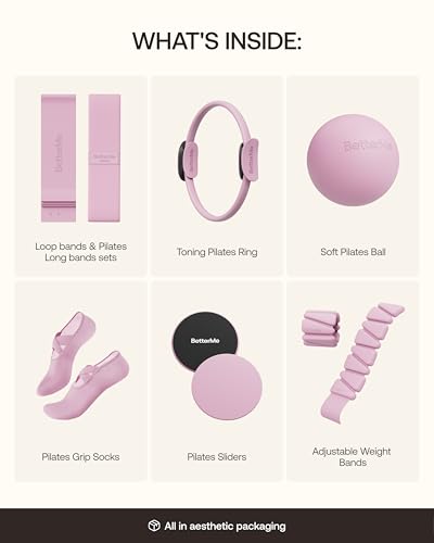 BetterMe Pilates Studio Kit – Pilates Ring, Pilates Ball, Resistance Bands & Sliders – Complete Pilates Equipment Set for Women – Home & Studio Pilates Workout Kit - color: Raspberry Pink