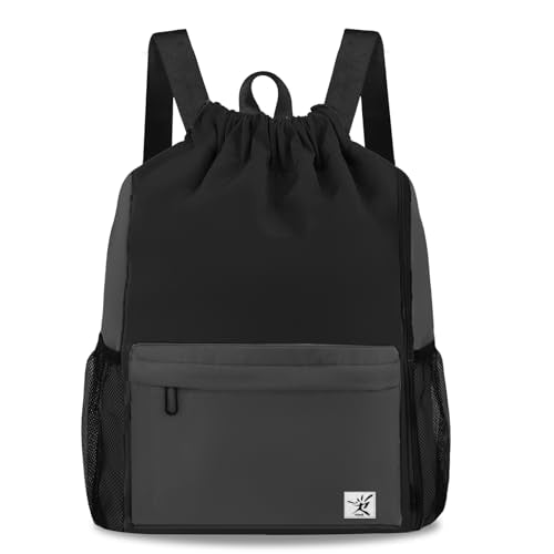 Drawstring Backpack with Mesh Pockets String Gym Bag Sackpack Sandproof Water Resistant Beach Backpack for Men Women - color: Black Gray