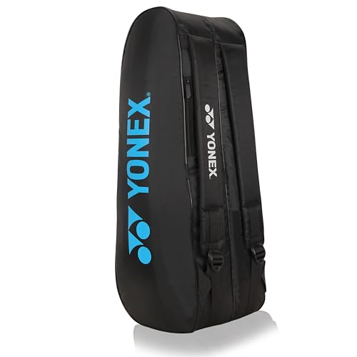 Yonex Stylish Badminton Kit-Bag |Double Zipper Compartment for Storage of 6 Rackets and Clothes|Side Pocket |Back Straps |Accessories Compartment |Made in India - color: BLACK SKY BLUE