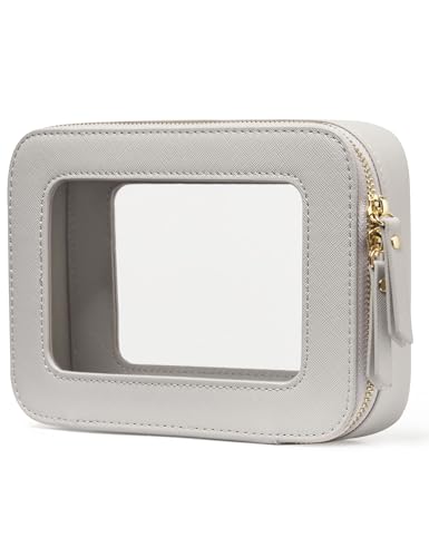 Popvibe Clear Makeup Case Toiletry Bag Travel Medium Clear Cosmetic Bag with Zipper, Small Make Up Bag Organizer Traveling TSA Approved Transparent Bag Car for Essentials, Beige Grey - color: Beige Grey, style: Medium Moda