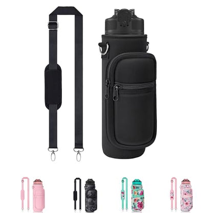 Water Bottle Holder with Strap, Insulated Crossbody Sling Bag, Carrier with Phone Pocket for Walking Hiking Camping Fishing - color: Black 02, size: 32oz Long