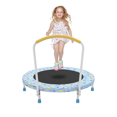 Mersco 36" Mini Toddler Trampoline with Handles, Indoor Quiet Kids Trampoline with Super Safety Mat and Durable Steel Frame, Indoor/Outdoor - color: Light Blue Print