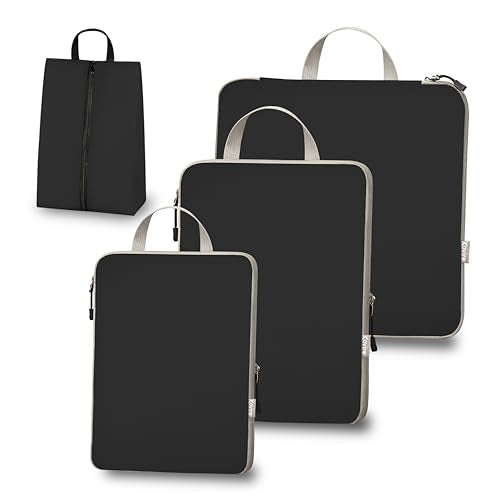 4 Set Compression Packing Cubes for Travel Expandable Packing Organizer Bag | Water-Resistant Suitcase Bags with Shoe Bag, Ultralight Storage Travel Bags for Carry-on Luggage, M L XL Sizes, Black - color: Black, size: Set of 4