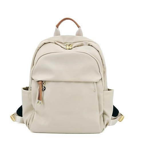 M-ioi-M Medium Backpack Purse for Women, Fashion Nylon Daypack with Gold Hardware, Lightweight Water-Resistant Rucksack for College, Work, Travel, Everyday Use, Fits 13–14" Laptop (Oatmeal, Medium) - color: Oatmeal,medium