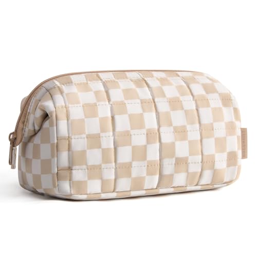 BAGSMART Makeup Bag Travel Toiletry Bag, Puffy Padded Make Up Bags for Women Makeup Organizer Case, Wide-open Pouch Purse Travel Essentials Toiletries Accessories Brushes, Checkered Khaki - color: 11-Checkered Khaki