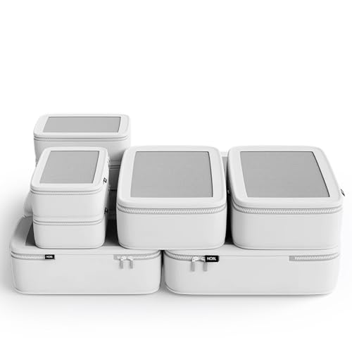 NOBL Travel Compressible Packing Cubes Set, 6 Pieces Travel Packing Organizers, Compression Luggage Cubes for Suitcases & Carry On, Space Saving (XXS, XS, S, M, L, XL) - Ivory - color: Ivory