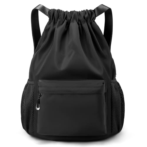LOKAPEGY Black Drawstring Backpack for Women, Waterproof Drawstring Gym Bag for Men, Cinch Sack for Basketball, Pull String Sport Bag for Soccer.(Large) - color: Pure Black