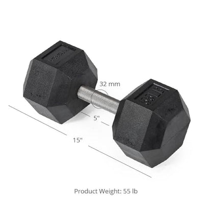 Titan Fitness 55 LB Pair Free Weights, Black Rubber Coated Hex Dumbbell, Straight Stainless Steel Handle, Strength Training, Full Body Workout