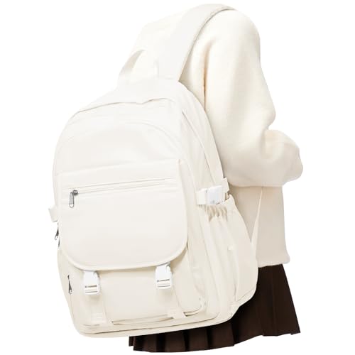 Lightweight Waterproof Backpack for Women Men Large Capacity College School Bag with Luggage Straps Multiple Pockets Durable High School Bookbag, Casual Daypacks for Students Girls Boys(Beige) - color: Beige