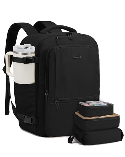 LOVEVOOK Travel Backpack for Women & Men, 40L Large Carry On Backpack Airline Approved, TSA Personal Item Weekender Bag, Water Resistant Laptop Backpack with 3 Packing Cubes for Travel Essentials - color: Black, size: 18 Inch - 4 Pcs
