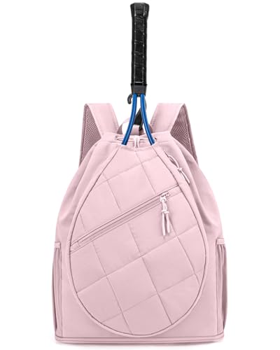 Drawstring Tennis Backpack, Puffer Tennis Racket Bag with Shoe Compartment & Wet Pocket Gym Bag for Women, Suitable for Pickleball Tennis Badminton - color: Pink