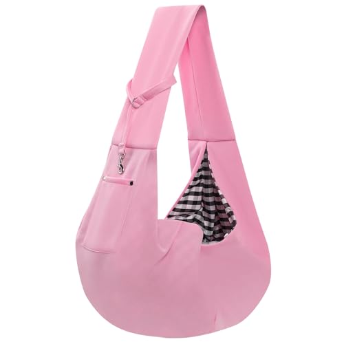 Dog Carrier Sling - Reversible Puppy Carrier Purse with Storage Pocket, Hand-Free Dog Sling Carrier for Carry Small Dogs and Cats, Travel Safety Harness, Dog and Cat Harness (Pink) - color: Pink