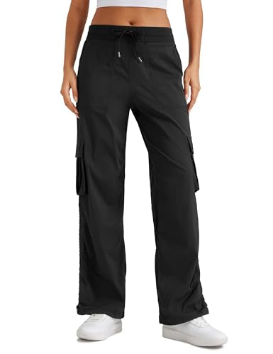 CRZ YOGA Lightweight Cargo Casual Pants for Women 30" - Ruched Straight Leg Travel Athletic Hiking Joggers - color: Black, size: Medium