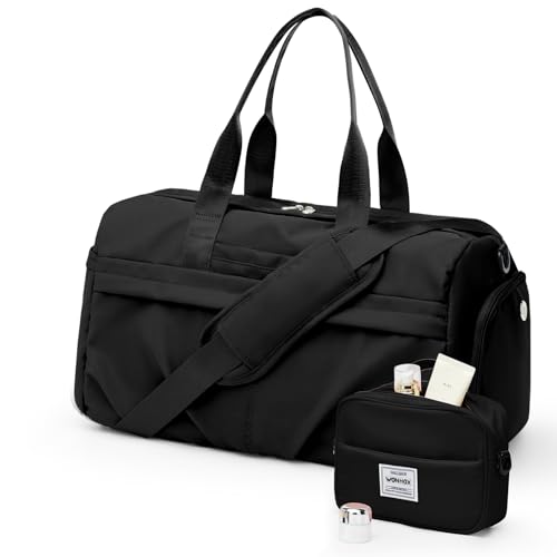 Gym Bag for Women Men, Sport Duffel Bag with Toiletry Bag & Shoe Compartment,Waterproof Travel Weekender Overnight Carry on Bag for Yoga with Trolley Sleeve, Black Set - color: A-Black Set