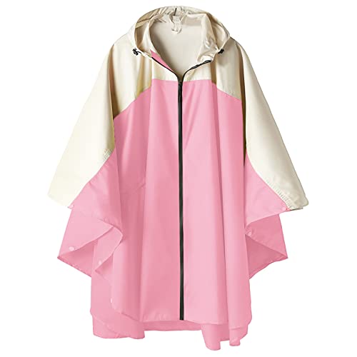 SaphiRose Unisex Rain Poncho Waterproof Raincoat Hooded for Adults Women with Pockets - color: A-pink-white