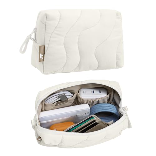 tomtoc Electronics Organizer Travel Case, Soft Puffy Organizer Bag Birthday Gifts Travel Essentials for Women Girls, Portable Accessory Tech Pouch Storage for Charger, Cord, Cable, Phone - color: Snowberg