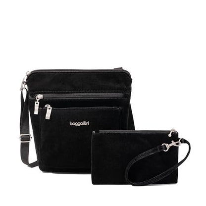 Baggallini Pocket Crossbody Bags for Women 8x8 Small Lightweight Durable Water-resistant Travel Purse W/Rfid - color: Black Velvet