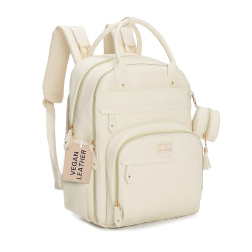 BabbleRoo Leather Diaper Bag Backpack - Baby Essentials Travel Baby Bag, Multi function, Water Resistant, with Changing Pad, Stroller Straps & Pacifier Case – Unisex, Eggshell White - color: Vegan Leather Eggshell White, size: Large