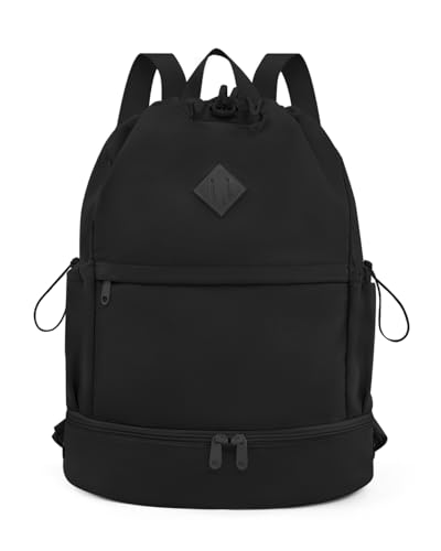 RHDZO Drawstring Backpack Sports Gym Bag with Shoe Compartment and Wet Pocket String Swim Bag for Women Men Beach Backpack, Black - color: Black