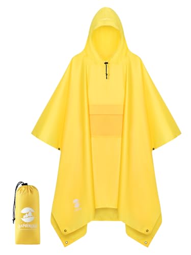 SaphiRose Extra Thick Hooded Rain Poncho Double Layer Waterproof Raincoat Jacket for Men Women Adults - color: Yellow