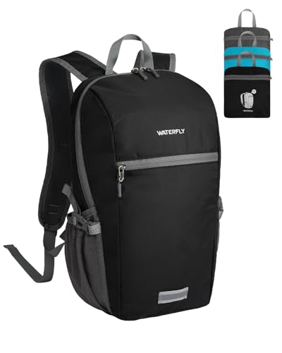 WATERFLY Small Lightweight Packable Backpack: 10L Mini Ultra Light Foldable Travel Sport Cycling Daypack with Breathable Shoulder Strap Outdoor Hiking Walking Day Pack for Women Men - color: Black