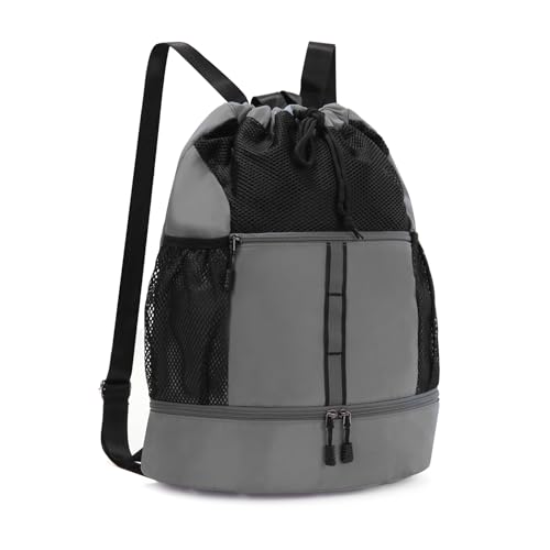 Valleycomfy Drawstring Gym Bag Sports Backpack With Shoe Compartment and Reflective Strips Grey - color: Grey08