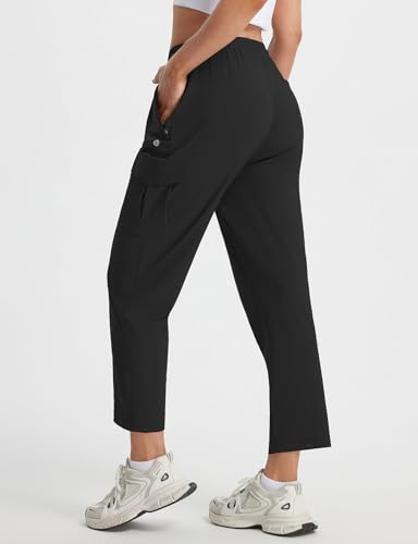 baleaf Women’s Petite Travel Hiking Pants Quick Dry Stretch Cargo Ankle Pants with Zipper Pockets - color: Black, size: Medium