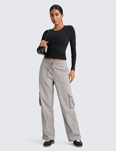 CRZ YOGA Lightweight Cargo Casual Pants for Women 30" - Ruched Straight Leg Travel Athletic Hiking Joggers - color: Dark Chrome, size: Small