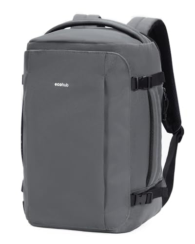 ECOHUB 40L Carry-On Travel Backpack, TSA-Friendly, Anti-Theft Water-Resistant Lightweight with 17.3″ Laptop Compartment, Durable PFAS-Free Rucksack, Grey - color: Grey