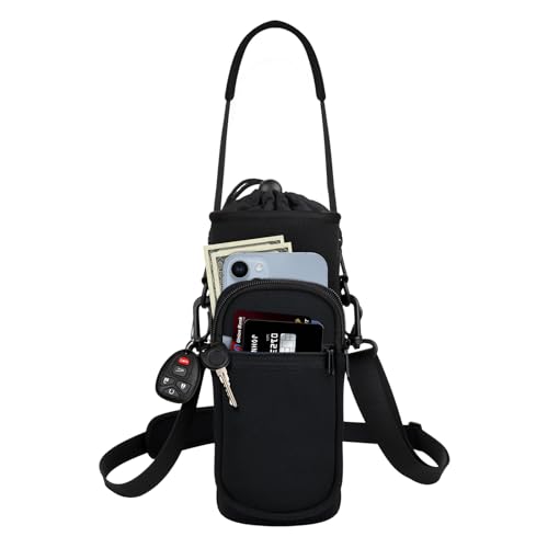 Water Bottle Holder with Strap, Water Bottle Carrier Bag with Phone Pocket, Shoulder Hand Strap Insulated Neoprene 32/40 oz Water Bottle Sleeve for Walking Hiking Camping Gym - color: 1 BLACK, size: under 40oz