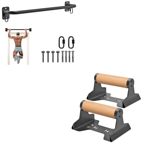 SELEWARE Home Gym Strength Training Bundle: Pull Up Bar for Doorway & Wood Push Up Bars, Calisthenics Equipment for Full Upper Body Workout, Supports 600lbs