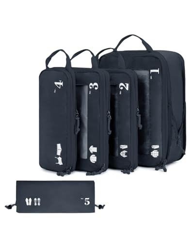 ECOHUB 5 Set Compression Packing Cubes for Suitcases Organiser Bags Set Travel Essentials with Shoe Bags for Travel Tear-resistant Travel Accessories with ID Tag Expandable Packing Bags(Navy Blue) - color: Navy Blue-Compress, size: 5 Set Compression Packi