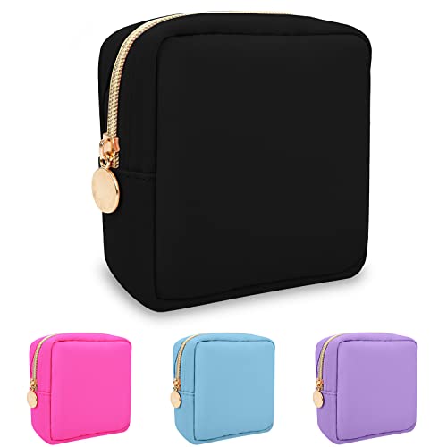 Nylon Mini Makeup Bag for Purse, Preppy Small Cute Black Makeup Bag Cosmetic Zipper Pouch Purse, Waterproof Travel Coin Pouch Sanitary Napkin Storage Bag Clutch Makeup Organizer for Women Girls(Black) - color: Black, size: Mini