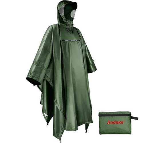 Andake Waterproof Rain Poncho for Adults Unisex,230T Ripstop Polyester,Raincoat Gear with Transparent Viewing Window Outdoors - color: Dark Green