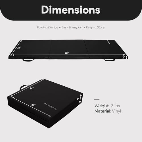 BalanceFrom 6x2 Feet 3-Panel Folding Gymnastics Mat – 2-Inch Thick Pad with Vinyl Surface and Carrying Handles for Tumbling, Yoga, Pilates, Home Workouts, and Martial Arts - color: Black