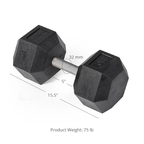 Titan Fitness 75 LB Pair Free Weights, Black Rubber Coated Hex Dumbbell, Straight Stainless Steel Handle, Strength Training, Full Body Workout