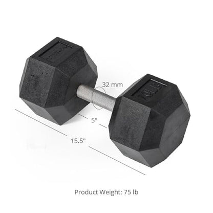 Titan Fitness 75 LB Pair Free Weights, Black Rubber Coated Hex Dumbbell, Straight Stainless Steel Handle, Strength Training, Full Body Workout