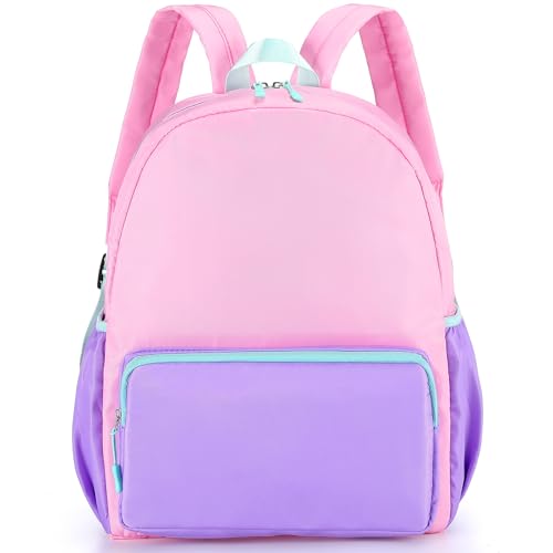 1 Piece Nylon Backpack Kids School Backpack for Toddler Girls Boys Plain Waterproof Preppy Bookbags Travel for Student (Pink and Purple) - color: Pink and Purple