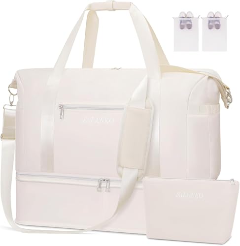Weekender Bags for Women,Extra large 66L Expandable Travel Duffel Bag with Shoe Compartment,Toiletry Bag Set,Overnight Backpack Carry On for Outdoor,Hospital,Gym,Beach - color: White, size: X-Large