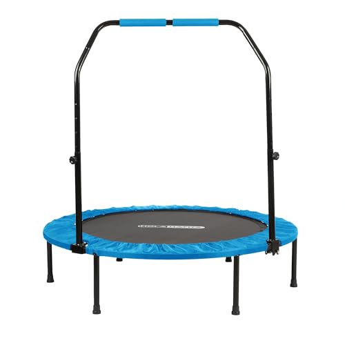 HolaHatha Portable Foldable Mini Trampoline Fitness Rebounder with 5 Level Adjustable Handle, Supports up to 440 Pounds, 48-Inch, Blue