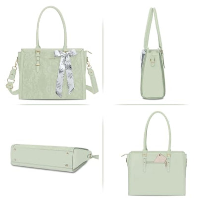 MOSISO Laptop Bag for Women, 15.6-16 inch PU Leather Tote Bag Compatible with MacBook, HP, Dell, Asus Notebook, Front Embossed Retro Hibiscus Computer Bags with Silk Scarf&Clutch Purse, Sage Green - color: Sage Green, size: 16 inch