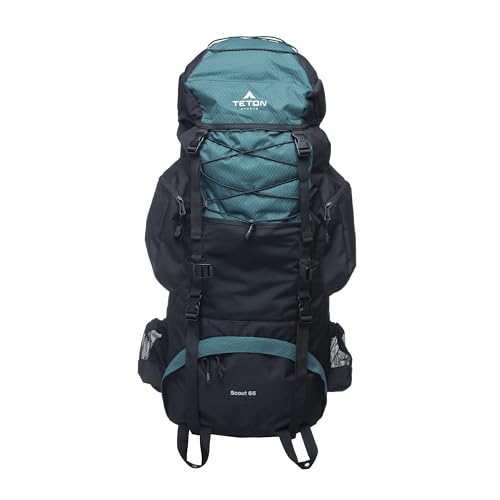 Teton 65L Scout Internal Frame Backpack for Hiking, Camping, Backpacking, Travel, Rain Cover Included, Pacific - color: Pacific, size: 65L