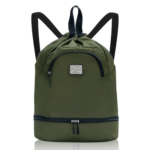 Kamo Drawstring Backpack Bag - Sport Swimming Yoga Backpack with Shoe Compartment, Two Water Bottle Holder for Men Women Large String Backpack Athletic Sackpack for Travel - color: Matcha Green