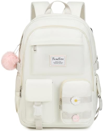 YAMTION School Backpack for Teen Girls,15.6in Laptop Backpack Kids Bookbag for Middle School College Students,Cute School Bag for Women (Beige, Fits 15.6in PC) - color: Beige