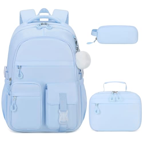 DIGOBAY 3PCS Girls Backpack for School, Kids Backpack for Girls with Lunch Bag Pencil Case, Kids Bookbag Teen Girl Backpacks for Elementary Middle High College School (Blue) - color: Blue
