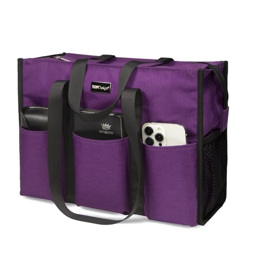 TOPDesign Utility Water Resistant Tote Bag with 13 Pockets, Top Zipper Closure & Thick Bottom Support, for Working Women - color: Purple, size: Medium