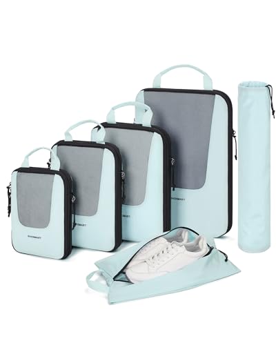 BAGSMART Compression Packing Cubes for Travel, 6/5/4set Lightweight Packing Organizers, Summer Travel Essentials Suitcase Organizer Bags Set - color: C-Light Blue, size: 6 Set-Compress