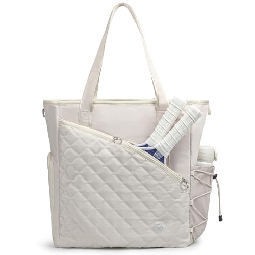 Pickleball Tote Bag for Women with Fence Hook, Quilted Pickleball Bag Holds 3-4 Paddles with Shoe Compartment & Wet Pocket - color: Beige