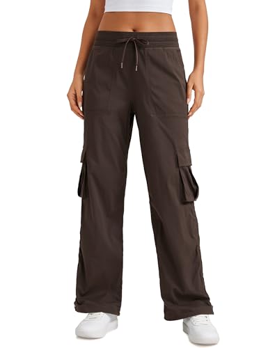 CRZ YOGA Lightweight Cargo Casual Pants for Women 30" - Ruched Straight Leg Travel Athletic Hiking Joggers - color: Hot Fudge Brown, size: Small