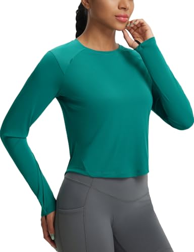 baleaf Women's UPF 50+ Long Sleeve Sun Shirts Crop Rash Guard UV Workout Tops SPF Slim Fit Lightweight Athletic Hiking - color: Green, size: Medium